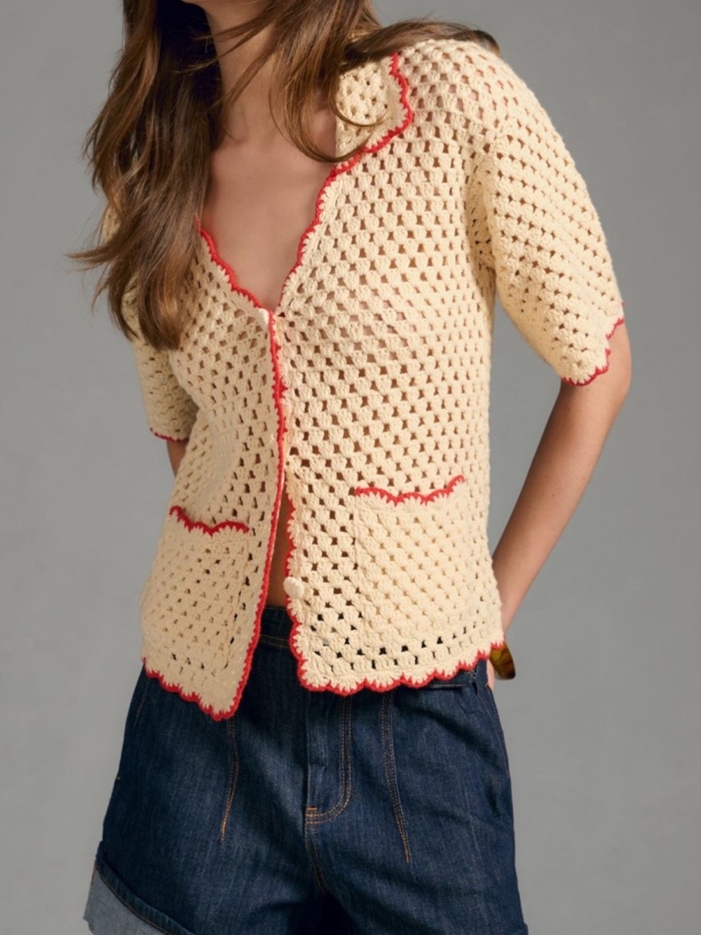 Anthropologie Greylin Crotchet Scalloped Polo Cardigan
